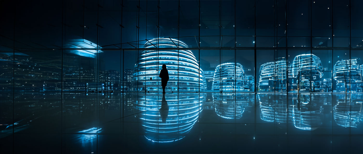 A woman looking a up at the center of an building